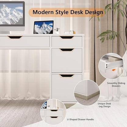 White Desk with 7 Drawers, 54 Inch Executive Desk with Drawers for Bedroom, Home Office Desk with Cabinet for Work Writing Study, Small Spaces