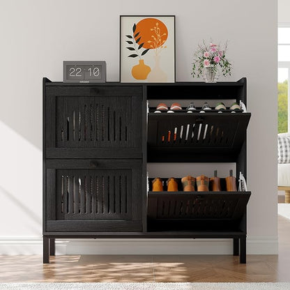 Garvee 4 Flip Drawer Shoe Cabinet with Adjustable Shelves, Hidden Shoe Organizer with Large Capacity, Freestanding Wooden Shoe Rack for Entryway, Hallway, Living Room, Black