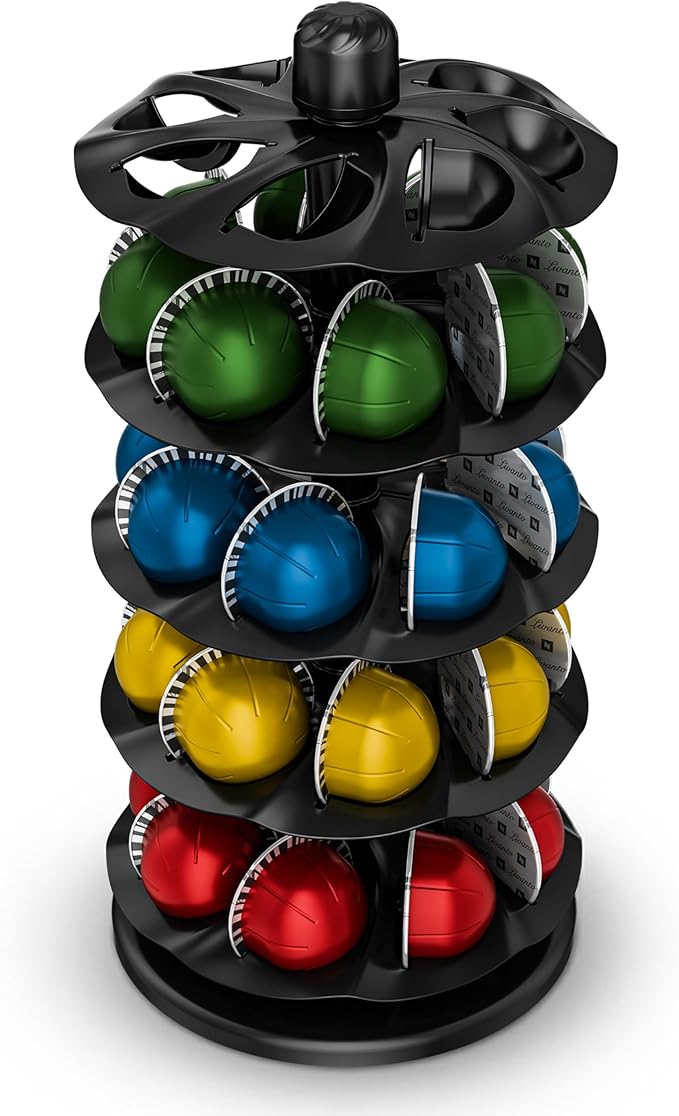 EVERIE Coffee Pod Holder for Vertuo Capsules, 40-Pod Rotating Carousel Organizer, Space-Saving Countertop Display, Smooth Spin & Secure Upright Slots, Fits All Vertuo Sizes (Black)