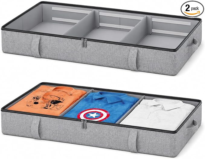 Vailando Storage Containers, 6 Inches Tall 60L Underbed Storage Bins Sturdy Handles & Reinforced Sidewalls, Closet Organizer for Clothes, Blankets, Seasonal Items, Linen Gray, 2-Pack