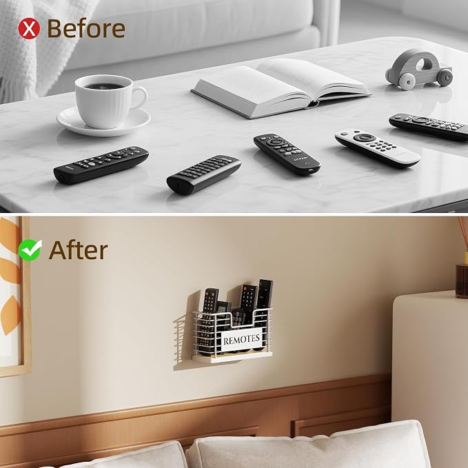 Remote Control Holder, 5-Slot TV Remote Holder Wall Mount, Universal Remote Caddy Large Size Design for Wall Table Living Room Bedroom, Easy Installation, White