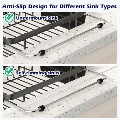 In Sink Dish Drying Rack, Expandable Over The Sink Dish Rack for Small Kitchen, Space Saving Stainless Steel Black Dish Drainer with Utensil Holder, 14.1"-21.2" L x 11"W, Compact Plate Dryer Strainer