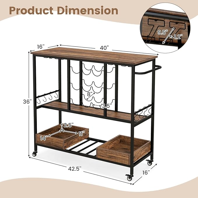 Giantex Bar Cart, 3 Tier Home Serving Cart on Wheels with Handle, Glass Racks, Wine Holders, Hooks & Storage Boxes, Industrial Rolling Beverage Cart for Kitchen, Dining Room, Living Room, Rustic Brown