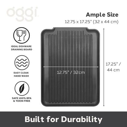 Oggi Dish Drain Board & Drying Rack Tray for Kitchen - Ideal Rigid Drainboard, Plate & Glass Drainer Tray, Dish Drain Boards for Kitchen Counter, 12.75 x 17.25 - Black