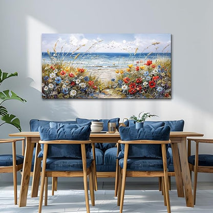 MHARTK66 Canvas Wall Art For Living Room Farmhouse Bedroom Wall Painting Blue Beach Ocean Pictures Office Photos Watercolor Wall Decor Flowers Nature Artwork For Walls Modern Home Decorations
