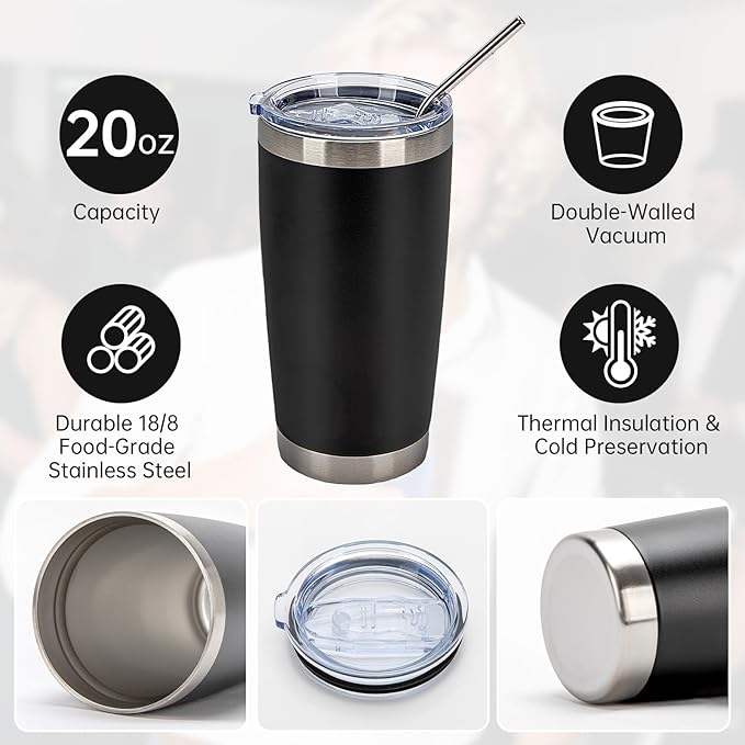 IEOVIEE 32 Pack, 20oz Stainless Steel Bulk Tumblers with Lids and Straws, Double Wall Insulated Travel Coffee Mug, Durable Powder Coated Tumbler Bulk Cup for Cold and Hot Drinks(Black)
