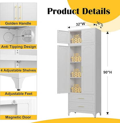 Kitchen Pantry Cabinet，90" Storage Cabinets with Doors and Shelves,Metal Pantry Cabinet with 2 Drawers,White Kitchen Cupboard for Livingroom,Pantry, Bathroom