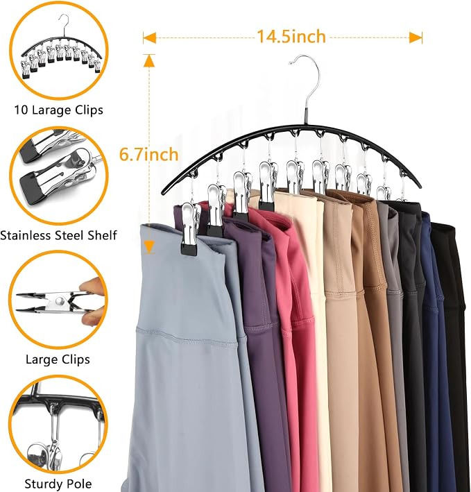 Legging Hangers for Closet Organizer, Hat Hangers for Closet 2 Pack with 10 Clips Holds 20 Leggings, Legging Hanger, Pants Storage Organizer Suitable for Socks, Panties, Underwear, Pants (Pink)