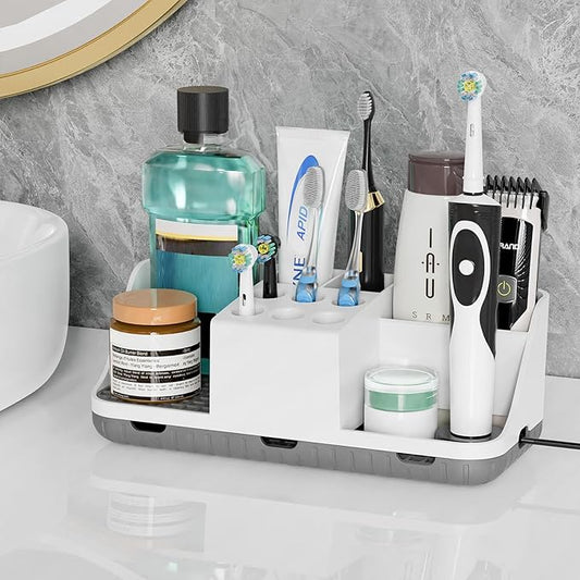Boperzi Electric Toothbrush Holders with Cord Slots: Detachable Toothbrush and Toothpaste Holders, Large Tooth Brush Storage Caddy Set Drainage, Anti-Slip Bathroom Counter Organizer for Family, Kids