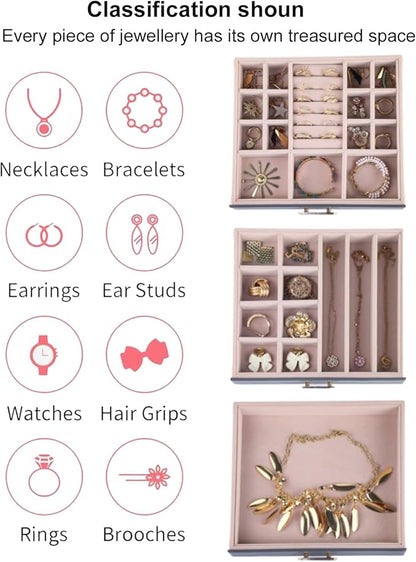 3 Layer Jewelry Organizer Box with Glass Lids & 3 Drawers - Elegant Storage Solution for Necklace, Rings，Earrings, and Bracelets - Perfect for Women ASK-301 (Grey)