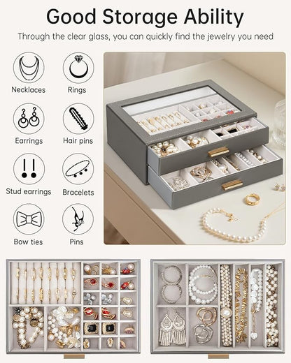 AKOZLIN Jewelry Box with Clear Lid Functional Leather Jewelry Storage Organizer Case 2 Drawers for Women Girls Necklace Ring Bracelet Earring