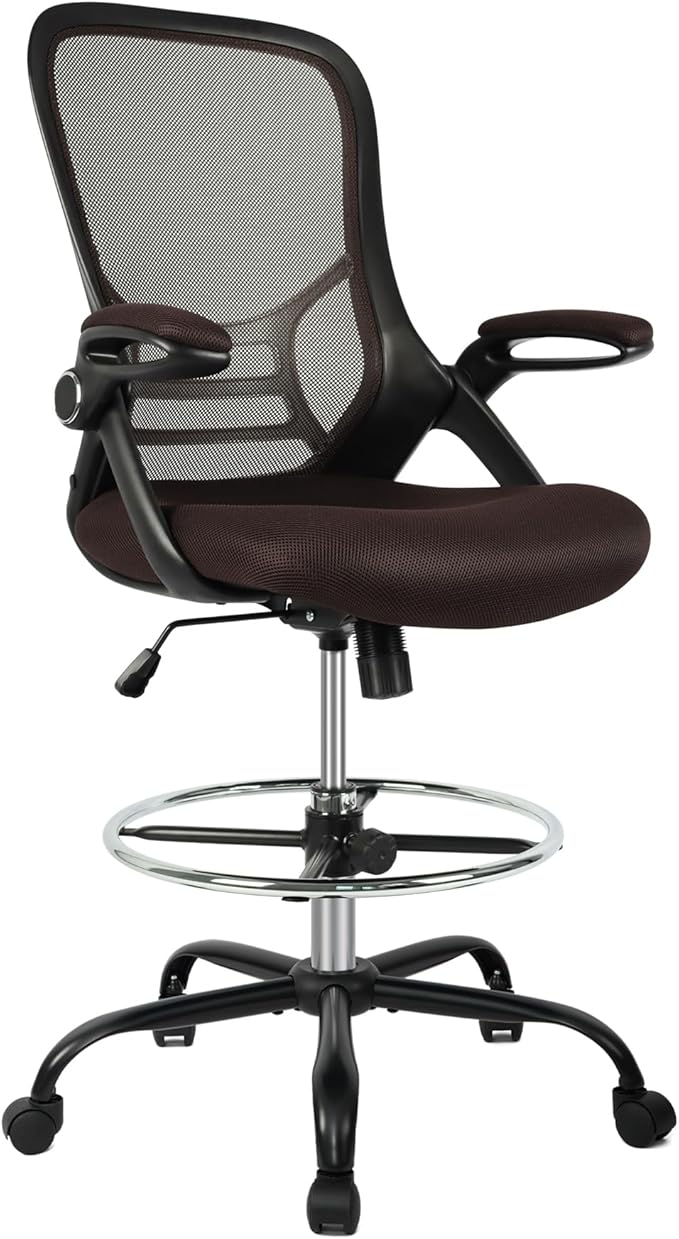 HYLONE Drafting Chair, Tall Office Chair Standing Desk Chair Brown Mesh High-Back Drafting Stool with Flip-Up Arms, Adjustable Foot Ring, Brown