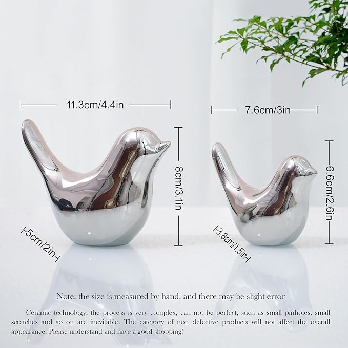 WhimWove 2 Pcs Ceramic Small Bird Figurines Modern Animal Statues for Home 、Room Decor and Bedroom Decor and Bookshelf Display (Silver)