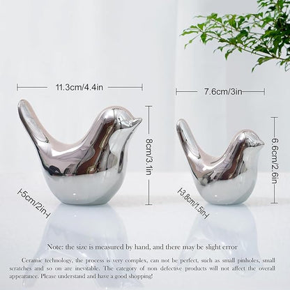 WhimWove 2 Pcs Ceramic Small Bird Figurines Modern Animal Statues for Home 、Room Decor and Bedroom Decor and Bookshelf Display (Silver)