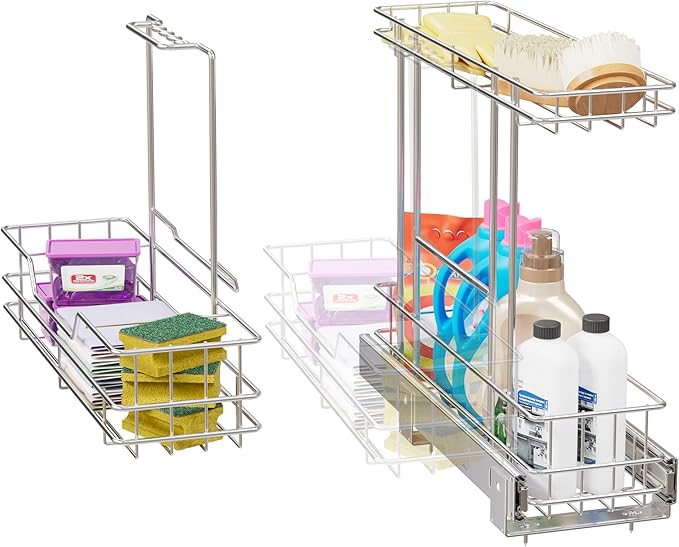 2 Tier Under Sink Organizer 11"W X18"D, Pull Out Cabinet Organizer One Removable Basket, Under Sink Slide Out Chrome Plated, Under Kitchen Bathroom Sink Organizer, 1 Pack