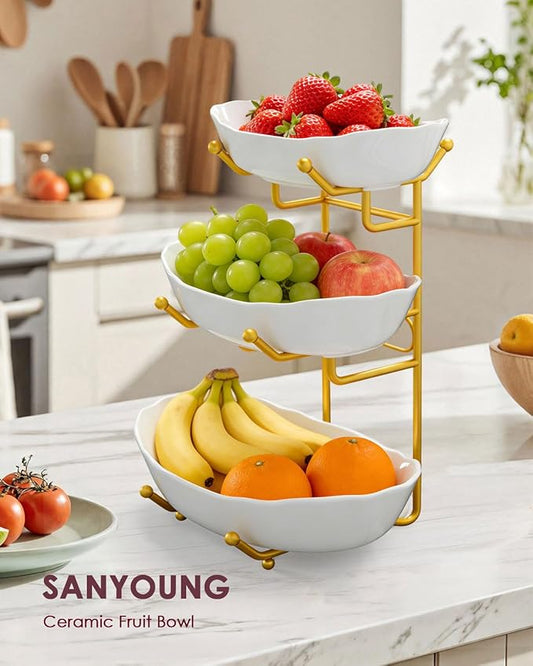 SANYOUNG Fruit Bowl for Kitchen Counter, 3 Tier Ceramic Fruit Basket with Metal Stand, Tiered Fruits Stand for Countertop, Serving Bowls for Fruit Vegetable Snack Nuts (Gold, White)