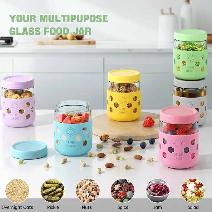 Lazyshine 6 Pack Glass Overnight Oats Containers with Lids, 16 oz Mason Jars with Silicone Sleeves, Airtight Leak-Proof Meal Prep Jars for Chia Pudding, Oatmeal, Yogurt, Snacks, Smoothies, Salads