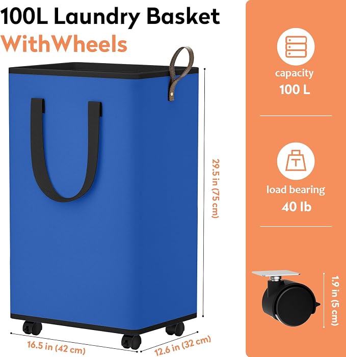 SpaceTrove Laundry Basket with Wheels, Collapsible Laundry Baskets, Laundry Hamper with Handles Detachable Wheels, Rolling Laundry Basket, Dirty Clothes Hamper for Bathroom, Dorm, Bedroom, Blue, 100L