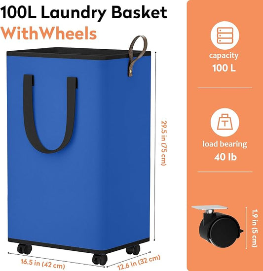 SpaceTrove Laundry Basket with Wheels, Collapsible Laundry Baskets, Laundry Hamper with Handles Detachable Wheels, Rolling Laundry Basket, Dirty Clothes Hamper for Bathroom, Dorm, Bedroom, Blue, 100L