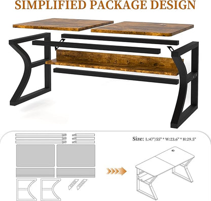 Computer Desk 47/55 Inch Home Office Desk with Storage Shelf & Cable Management, Wide Work Desk with Metal Legs for Home Office Study Bedroom (Brown-55inch)