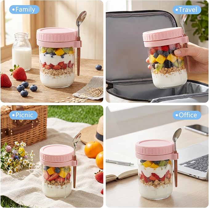OcePor 6 Pack Overnight Oats Containers with Lids and Spoons, 16 OZ Glass Mason Overnight Oats Jars, Large Capacity Airtight Jars for Milk, Cereal, Fruit (Pink+Wooden-handled spoon)