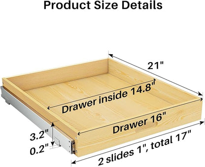 Pull Out Cabinet Organizer, Soft Close Wooden Slide Out Drawers for Pots and Pans, Full-extension Roll Out Shelves for Kitchen Cabinets, Pantry Organization, Bottom & Side Mount(17"W X 21"D x 3.4''H)