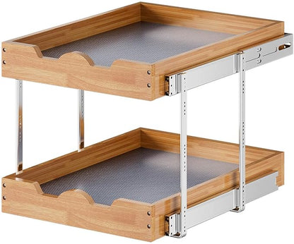 OCG 2 Tier Pull Out Cabinet Organizer (17"W x 21"D), Double Tier Slide out Wood Drawer Shelf, Pull Out Shelves for Base Cabinet Organization in Kitchen, Pantry, Bathroom