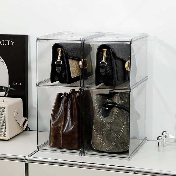 4 Pack Stackable Closet Organizers and Storage Shelves for Small Purses, Handbags, Clear Display Rack for Bathroom, Bedroom and Living Room, Plastic High Heels Holder (Short/Tall)