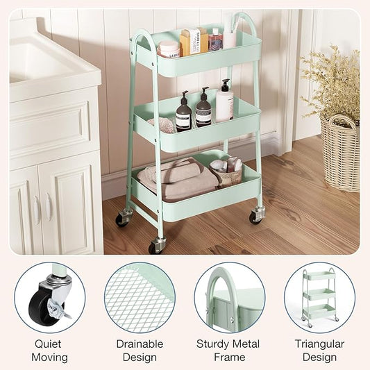 OLIXIS Metal 3 Tiers Utility Rolling Cart with Lockable Caster Wheels, Mobile Storage Shelf, Organization for Livingroom, Bathroom & Narrow Places, Pale Green