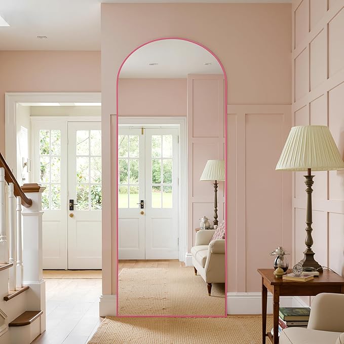 Anpark 28"x71"Arched Full Length Mirror, Full Body Mirror with Stand, Aluminum Frame for Bedroom & Hanging Leaning Modern Simple Home Decor Shatter-proorf Nano Glass Wall Living Room Cloakroom, Pink