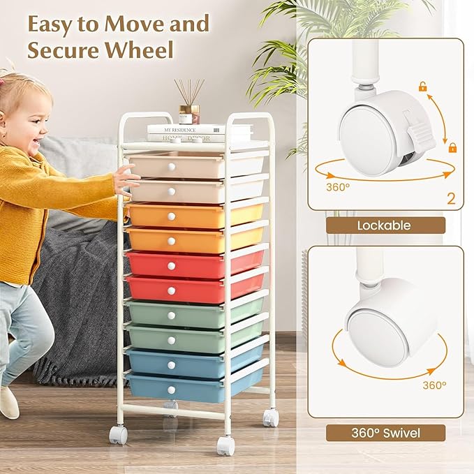 OFFICEJOY Storage Cart, Rolling Utility Cart with 10 Drawers, Portable Handles & Lockable Wheels, Mobile Paper Toys Storage Organizer Large Capacity for Home Office School Teacher (Macaron)