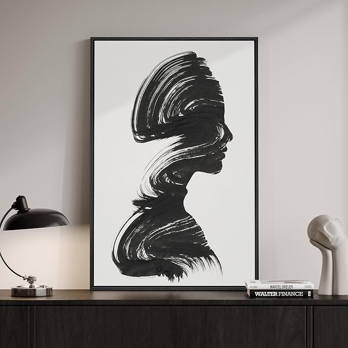Framed Black and White Abstract Wall Art, Large Modern Minimalist Canvas Prints Paintings Artwork for Walls, Elegant Black Woman Silhouette Pictures for Living Room Dining Bedroom Wall Decor 24x36 In