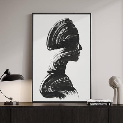 Framed Black and White Abstract Wall Art, Large Modern Minimalist Canvas Prints Paintings Artwork for Walls, Elegant Black Woman Silhouette Pictures for Living Room Dining Bedroom Wall Decor 24x36 In