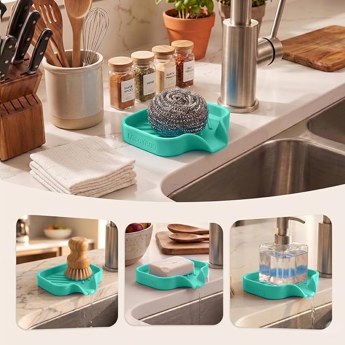 MicoYang Silicone Soap Dish with Drain Spout, Self-Draining Sink Organizer Tray for Bathroom and Kitchen, Sponges, Dispensers and Soap Holder, Non-Slip and Dishwasher Safe, Mint (Compact, 4.9"×3.2")