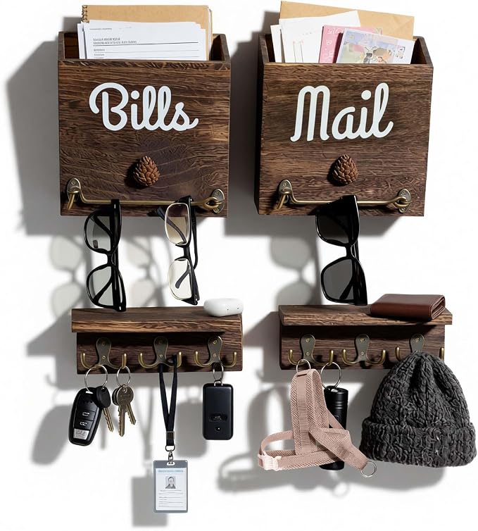 eBun Narrow Wood Mail Holder 2-Pack with 12 Key Hooks | Wall Mount, No-Drill Magnetic, Vertical Mail & Bills Slot, Entryway Decor