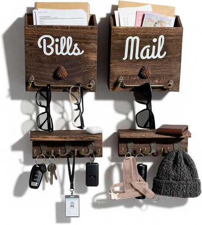 eBun Narrow Wood Mail Holder 2-Pack with 12 Key Hooks | Wall Mount, No-Drill Magnetic, Vertical Mail & Bills Slot, Entryway Decor