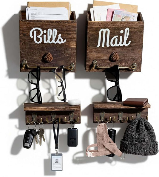 eBun Narrow Wood Mail Holder 2-Pack with 12 Key Hooks | Wall Mount, No-Drill Magnetic, Vertical Mail & Bills Slot, Entryway Decor