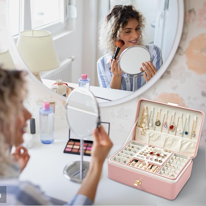 Earring Organizer for Women, 2 Layer Large Jewelry Box with Mirror, Handmade Gift Card and Wrapping Paper, PU Leather Jewellery Holder with Removable Tray for Birthday Wedding Gift,Pink