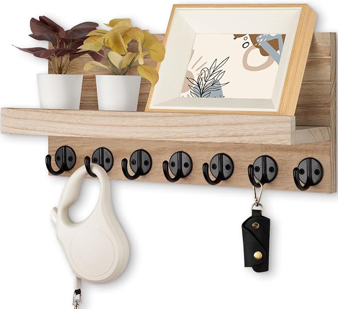 Key Holder Wall Mount, Entryway Key and Mail Holder with 7 Sturdy Hooks for Sunglasses, Dog Leash, Decorative Wall Shelf with Mounting Hardware, 15”W x 6.7”H x 4.2”D (Wood)