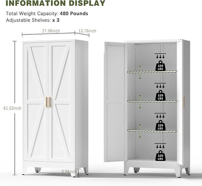 COFaR White Farmhouse Storage Kitchen Pantry Cabinet with 2 Barn Door, 3 Adjustable Shelves and Legs, for Cupboard/Dining Room/Bathroom/Living Room/Office/Laundry Room (White, 61" Farmhouse)