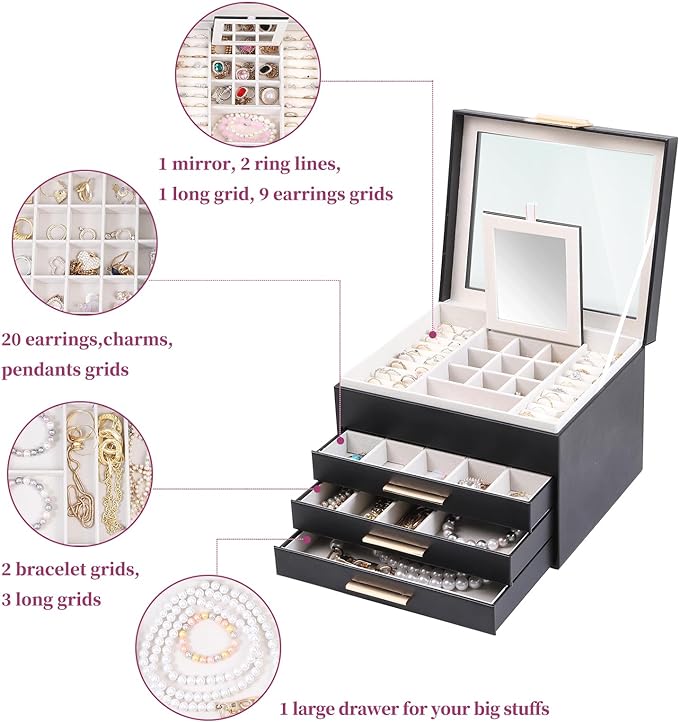 BOOVO Clear Lid Jewelry Box,4 Layers Jewelry Organizer Large Jewelry Storage Box with 3 Drawers,Jewelry Holder Organzier of Rings Earrings Necklace Bracelets for Women (Black, 4 Layer)