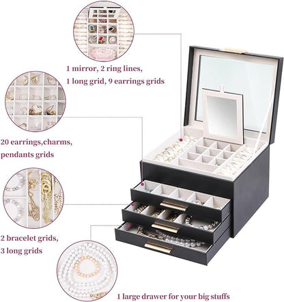 BOOVO Clear Lid Jewelry Box,4 Layers Jewelry Organizer Large Jewelry Storage Box with 3 Drawers,Jewelry Holder Organzier of Rings Earrings Necklace Bracelets for Women (Black, 4 Layer)