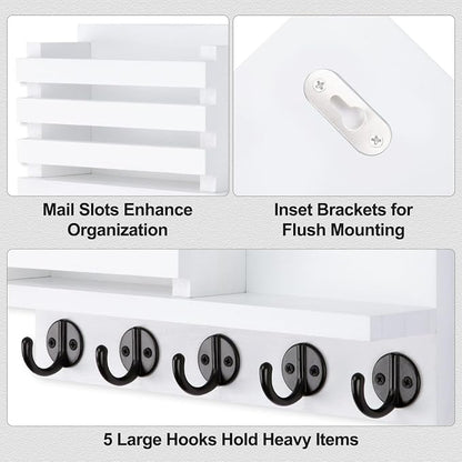 Lwenki Key Holder for Wall – Decorative Wooden Mail Holder and Key Shelf with Mounting Hardware, Installation Guide – Paulownia Wood with Metal Key Hooks (White, Large - 11.8inch)