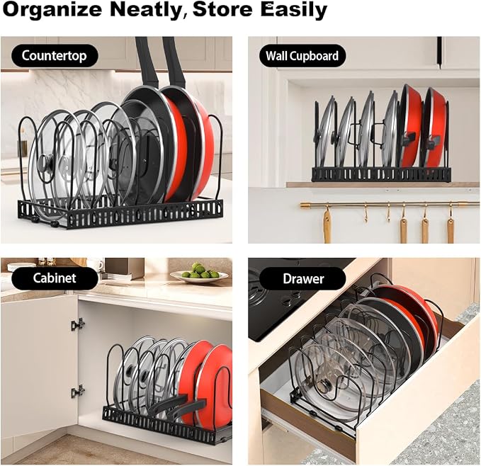 Housolution Pot and Pan Organizer Rack for Cabinet, Pot Lid Organizer with 7 Adjustable Dividers, Pan Holder Storage Rack for Kitchen Cabinet, Black