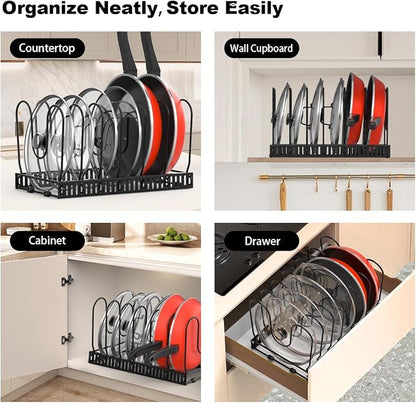 Housolution Pot and Pan Organizer Rack for Cabinet, Pot Lid Organizer with 7 Adjustable Dividers, Pan Holder Storage Rack for Kitchen Cabinet, Black