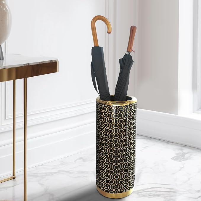 ZOEJADE Minimalist Luxury Ceramic Umbrella Stand Umbrella Holder Vase for Umbrella Canes Walking Sticks Entryway Indoor 18" High Black Gold