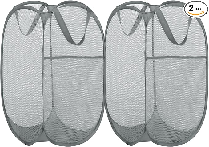 BATTOO Deluxe Strong Mesh Pop up Laundry Hamper Basket with Side Pocket for Laundry Room, Bathroom, Kids Room, College Dorm or Travel 2 Pack White