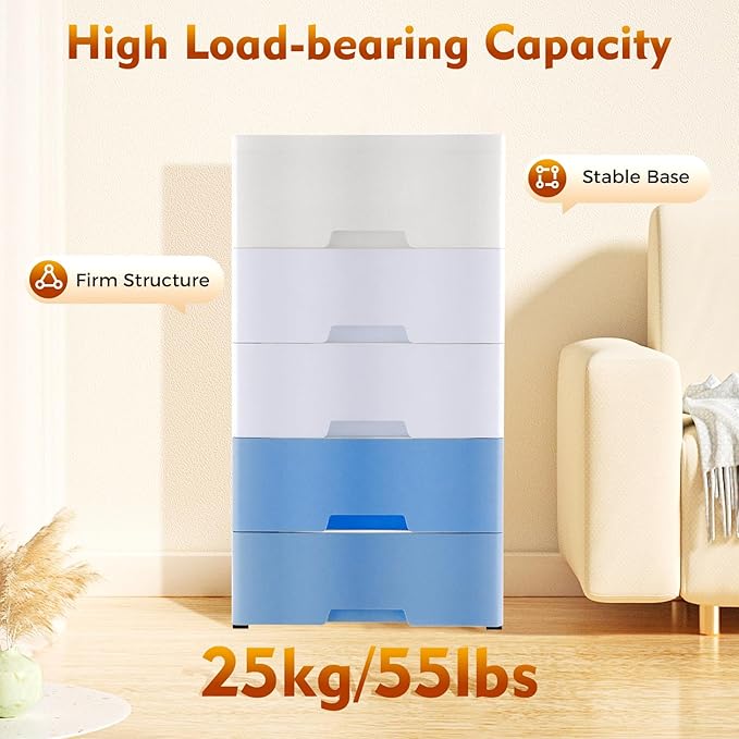 Plastic Dresser for Bedroom with 5 Drawers,Stackable Vertical Storage Tower, Small Dresser Chest of Drawers, Mobile Drawer Storage Cabinet with Wheels for Hallway Entryway,Bedroom Furniture (Blue)