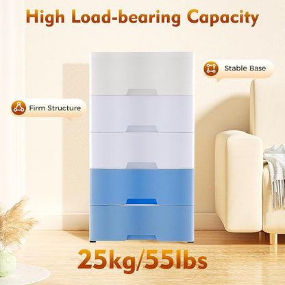 Plastic Dresser for Bedroom with 5 Drawers,Stackable Vertical Storage Tower, Small Dresser Chest of Drawers, Mobile Drawer Storage Cabinet with Wheels for Hallway Entryway,Bedroom Furniture (Blue)