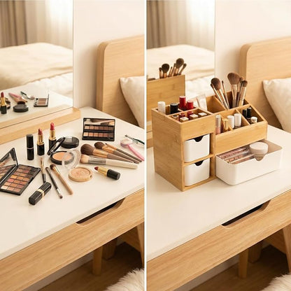 Bamboo Makeup Organizer with 3 Drawers, Dresser Cosmetic Organizer Box,Bamboo Desk Organizer for Home with Adjustable Dividers（11.5x5.4in）